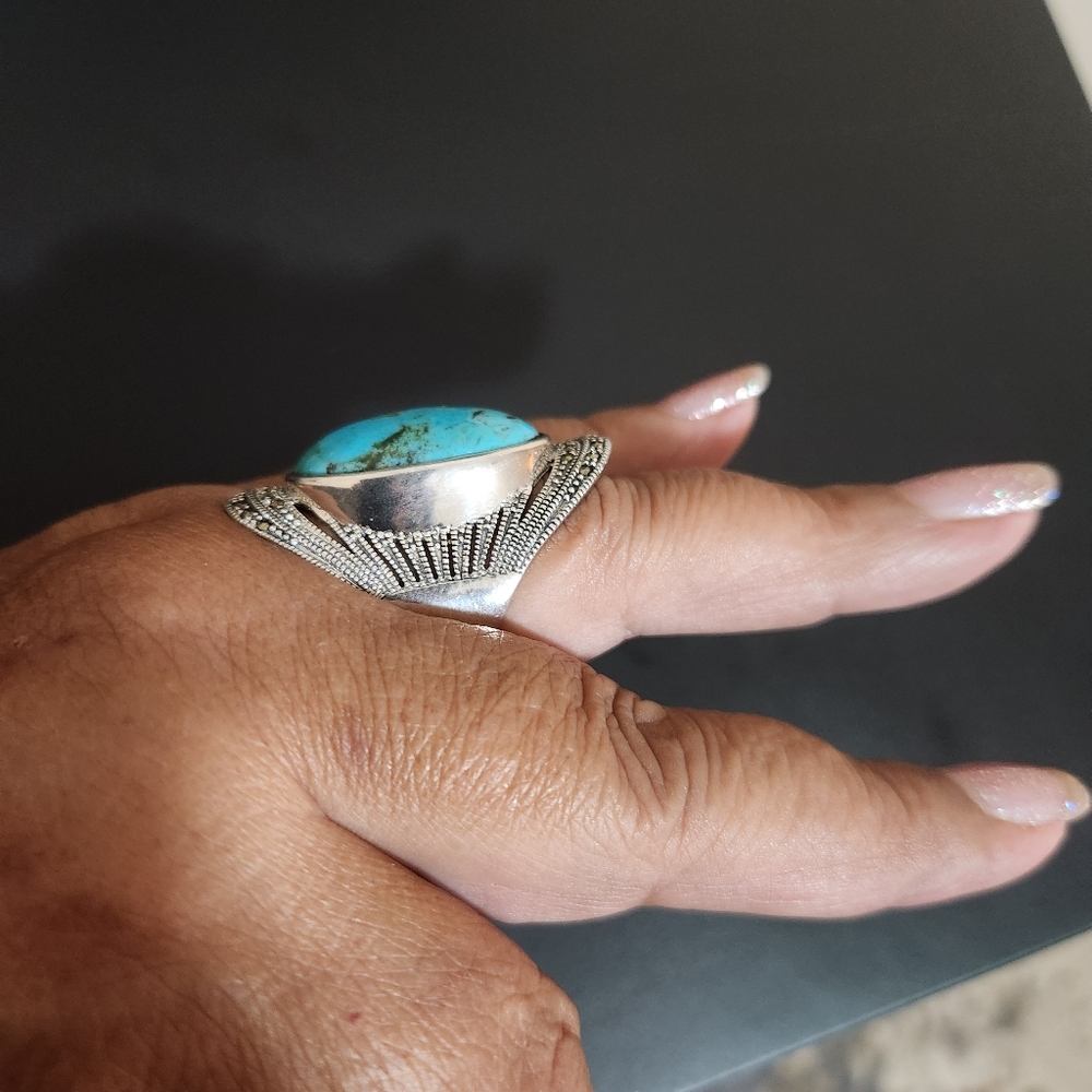 Sterling silver oval turquoise and marcasite‎ ring - Picture 4 of 6